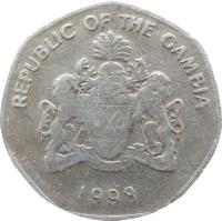 obverse of 1 Dalasi (1998) coin with KM# 59 from Gambia. Inscription: REPUBLIC OF THE GAMBIA PROGRESS PEACE PROSPERITY 1998