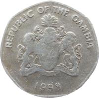 Gambia coin 1 Dalasi (1998) obverse obverse of 1 Dalasi (1998) coin with KM# 59 from Gambia. Inscription: REPUBLIC OF THE GAMBIA PROGRESS PEACE PROSPERITY 1998
