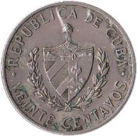 Cuba coin 20 Centavos - José Marti (1962 - 1968) obverse obverse of 20 Centavos - José Marti (1962 - 1968) coin with KM# 31 from Cuba. Inscription: REPUBLICA DE CUBA · VEINTE CENTAVOS ·