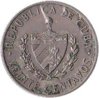 obverse of 20 Centavos - José Marti (1962 - 1968) coin with KM# 31 from Cuba. Inscription: REPUBLICA DE CUBA · VEINTE CENTAVOS ·