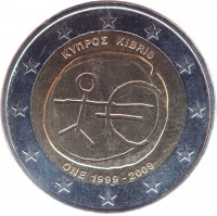 Cyprus coin 2 Euro - 10 Years of EMU (2009) obverse obverse of 2 Euro - 10 Years of EMU (2009) coin with KM# 89 from Cyprus. Inscription: ΚΥΠΡΟΣ KIBRIS ONE 1999-2009