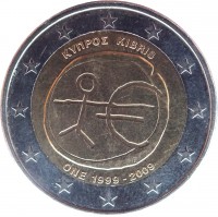 obverse of 2 Euro - 10 Years of EMU (2009) coin with KM# 89 from Cyprus. Inscription: ΚΥΠΡΟΣ KIBRIS ONE 1999-2009