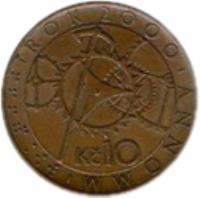 reverse of 10 Korun - Year 2000 (2000) coin with KM# 42 from Czech Republic. Inscription: ⠗⠕⠅⠼⠃⠚⠚⠚ ROK 2000 ANNO MM Kč 10