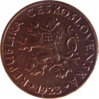 obverse of 5 Haléřů (1923 - 1938) coin with KM# 6 from Czechoslovakia. Inscription: REPUBLIKA CESKOSLOVENSKA 1923
