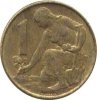reverse of 1 Koruna (1991 - 1992) coin with KM# 151 from Czechoslovakia. Inscription: 1 MKUČOVÁ