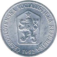 obverse of 1 Haléř (1962 - 1986) coin with KM# 51 from Czechoslovakia. Inscription: CESKOSLOVENSKA SOCIALISTICKA REPUBLIKA 1962