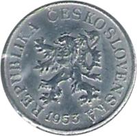 Czechoslovakia coin 3 Haléře (1953 - 1954) obverse obverse of 3 Haléře (1953 - 1954) coin with KM# 36 from Czechoslovakia. Inscription: REPUBLIKA ČESKOSLOVENSKÁ 1954