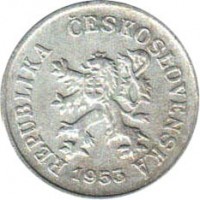 Czechoslovakia coin 5 Haléřů (1953 - 1955) obverse obverse of 5 Haléřů (1953 - 1955) coin with KM# 37 from Czechoslovakia. Inscription: REPUBLIKA ČESKOSLOVENSKÁ 1953