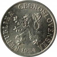 obverse of 1 Haléř (1953 - 1960) coin with KM# 35 from Czechoslovakia. Inscription: REPUBLIKA CESKOSLOVENSKA 1954
