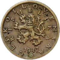 obverse of 50 Haléřů (1947 - 1950) coin with KM# 21 from Czechoslovakia. Inscription: ČESKOSLOVENSKÁ REPUBLIKA 1947