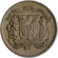 obverse of 10 Centavos (1967 - 1975) coin with KM# 19a from Dominican Republic. Inscription: DIOS PATRIA LIBERTAD REPUBLICA DOMINICANA