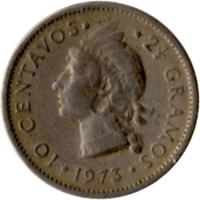 Dominican Republic coin 10 Centavos (1967 - 1975) reverse reverse of 10 Centavos (1967 - 1975) coin with KM# 19a from Dominican Republic. Inscription: *10 CENTAVOS* *2½ GRAMOS* 1967