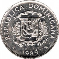 obverse of 5 Centavos (1989) coin with KM# 69 from Dominican Republic. Inscription: REPUBLICA DOMINICANA * 1989 *