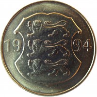 obverse of 5 Krooni - National Bank (1994) coin with KM# 30 from Estonia. Inscription: 19 94