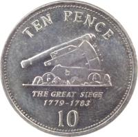 Gibraltar coin 10 Pence - Elizabeth II - The Great Siege 1779 - 1783 - 3'rd Portrait (2005 - 2011) reverse reverse of 10 Pence - Elizabeth II - The Great Siege 1779 - 1783 - 3'rd Portrait (2005 - 2011) coin with KM# 1082 from Gibraltar. Inscription: TEN PENCE THE GREAT SIEGE 1779-1783 10