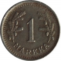 reverse of 1 Markka (1943 - 1952) coin with KM# 30b from Finland. Inscription: 1 MARKKA