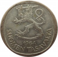 obverse of 1 Markka (1964 - 1968) coin with KM# 49 from Finland. Inscription: S 1965 SUOMEN TASAVALTA