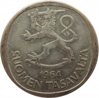 Finland coin 1 Markka (1964 - 1968) obverse obverse of 1 Markka (1964 - 1968) coin with KM# 49 from Finland. Inscription: S 1965 SUOMEN TASAVALTA
