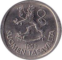 obverse of 1 Markka (1969 - 1993) coin with KM# 49a from Finland. Inscription: S 1971 SUOMEN TASAVALTA