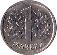Finland coin 1 Markka (1969 - 1993) reverse reverse of 1 Markka (1969 - 1993) coin with KM# 49a from Finland. Inscription: 1 MARKKA