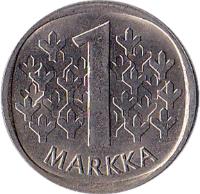 reverse of 1 Markka (1969 - 1993) coin with KM# 49a from Finland. Inscription: 1 MARKKA