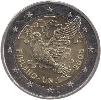 obverse of 2 Euro - 60th Anniversary - Finland in UN (2005) coin with KM# 119 from Finland. Inscription: FINLAND - UN M 2005 K