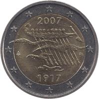 obverse of 2 Euro - 90th Anniversary of Independence (2007) coin with KM# 139 from Finland. Inscription: 2007 FI 1917