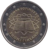 obverse of 2 Euro - Treaty of Rome (2007) coin with KM# 138 from Finland. Inscription: ROOMAN SOPIMUS 50 V EUROOPPA 2007 SUOMI · FINLAND