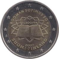 Finland coin 2 Euro - Treaty of Rome (2007) obverse obverse of 2 Euro - Treaty of Rome (2007) coin with KM# 138 from Finland. Inscription: ROOMAN SOPIMUS 50 V EUROOPPA 2007 SUOMI · FINLAND