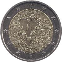 obverse of 2 Euro - Declaration of Human Rights (2008) coin with KM# 143 from Finland. Inscription: 2008 HUMAN RIGHTS FI K