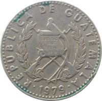 obverse of 25 Centavos (1977 - 2000) coin with KM# 278 from Guatemala. Inscription: REPUBLICA DE GUATEMALA · 1979 ·