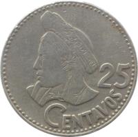reverse of 25 Centavos (1977 - 2000) coin with KM# 278 from Guatemala. Inscription: 25 CENTAVOS