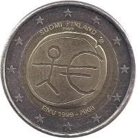 Finland coin 2 Euro - 10 Years of EMU (2009) obverse obverse of 2 Euro - 10 Years of EMU (2009) coin with KM# 144 from Finland. Inscription: SUOMI FINLAND 2009 EMU 1999 - 2009