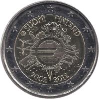 obverse of 2 Euro - 10 Years of Euro Cash (2012) coin with KM# 178 from Finland. Inscription: SUOMI FINLAND A.H. € 2002 2012