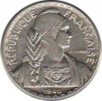 obverse of 10 Centimes - Non magnetic (1939 - 1941) coin with KM# 21.1a from French Indochina. Inscription: REPUBLIQUE FRANCAISE P.TURIN 1940
