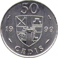 Ghana coin 50 Cedis (1995 - 1999) reverse reverse of 50 Cedis (1995 - 1999) coin with KM# 31a from Ghana. Inscription: 50 19 99 CEDIS