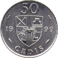 reverse of 50 Cedis (1995 - 1999) coin with KM# 31a from Ghana. Inscription: 50 19 99 CEDIS