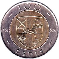reverse of 100 Cedis (1991 - 1999) coin with KM# 32 from Ghana. Inscription: 100 19 97 CEDIS