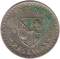 Ghana coin 10 Pesewas (1967 - 1979) reverse reverse of 10 Pesewas (1967 - 1979) coin with KM# 16 from Ghana. Inscription: TEN PESEWAS 1967