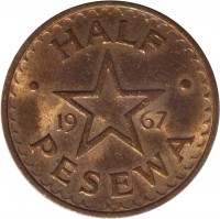 Ghana coin 1/2 Pesewa (1967) reverse reverse of 1/2 Pesewa (1967) coin with KM# 12 from Ghana. Inscription: HALF PESEWA 19 67