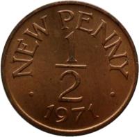 Guernsey coin 1/2 New Penny - Elizabeth II (1971) reverse reverse of 1/2 New Penny - Elizabeth II (1971) coin with KM# 20 from Guernsey. Inscription: NEW PENNY 1 - 2 · 1971 ·