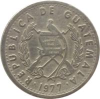 obverse of 5 Centavos (1971 - 1977) coin with KM# 270 from Guatemala. Inscription: REPUBLICA DE GUATAMALA LIBERTAD I5 DE SEPTEMBRE DE 1821 1974