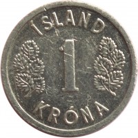 Iceland coin 1 Króna (1976 - 1980) reverse reverse of 1 Króna (1976 - 1980) coin with KM# 23 from Iceland. Inscription: ÍSLAND 1 KRÓNA