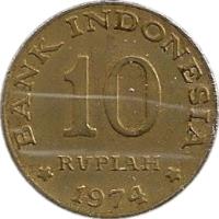 Indonesia coin 10 Rupiah - FAO (1974) reverse reverse of 10 Rupiah - FAO (1974) coin with KM# 38 from Indonesia. Inscription: BANK INDONESIA 10 RUPIAH 1974