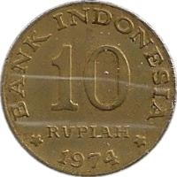 reverse of 10 Rupiah - FAO (1974) coin with KM# 38 from Indonesia. Inscription: BANK INDONESIA 10 RUPIAH 1974