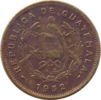 Guatemala coin 1/2 Centavo - Without dot (1932) obverse obverse of 1/2 Centavo - Without dot (1932) coin with KM# 248.1 from Guatemala. Inscription: REPUBLICA DE GUATEMALA 1932