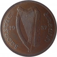 obverse of 1 Pingin (1928 - 1937) coin with KM# 3 from Ireland. Inscription: saorstát éireann 19 37