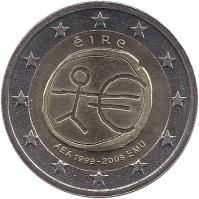 Ireland coin 2 Euro - 10 Years of EMU (2009) obverse obverse of 2 Euro - 10 Years of EMU (2009) coin with KM# 62 from Ireland. Inscription: éIRe AEA 1999-2009 EMU