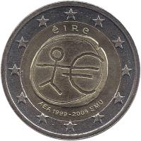 obverse of 2 Euro - 10 Years of EMU (2009) coin with KM# 62 from Ireland. Inscription: éIRe AEA 1999-2009 EMU