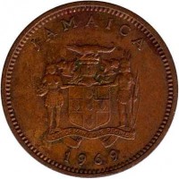 Jamaica coin 1 Cent - Elizabeth II - Wide legend letters (1969 - 1971) obverse obverse of 1 Cent - Elizabeth II - Wide legend letters (1969 - 1971) coin with KM# 45 from Jamaica. Inscription: JAMAICA OUT OF MANY, ONE PEOPLE 1969